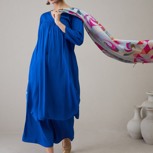 InWeave Ink Blue V Neck Flared Kurta Grey Dupatta Set - Distacart