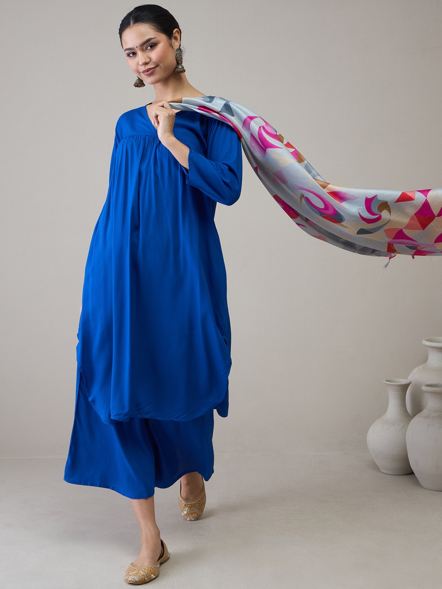 InWeave Ink Blue V Neck Flared Kurta Grey Dupatta Set - Distacart