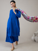 Thumbnail for InWeave Ink Blue V Neck Flared Kurta Grey Dupatta Set