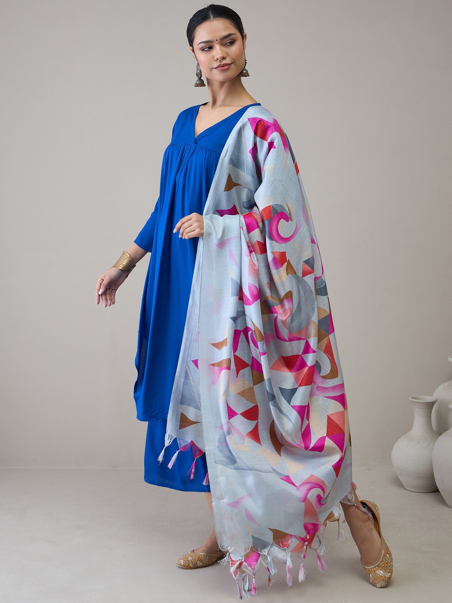 InWeave Ink Blue V Neck Flared Kurta Grey Dupatta Set - Distacart