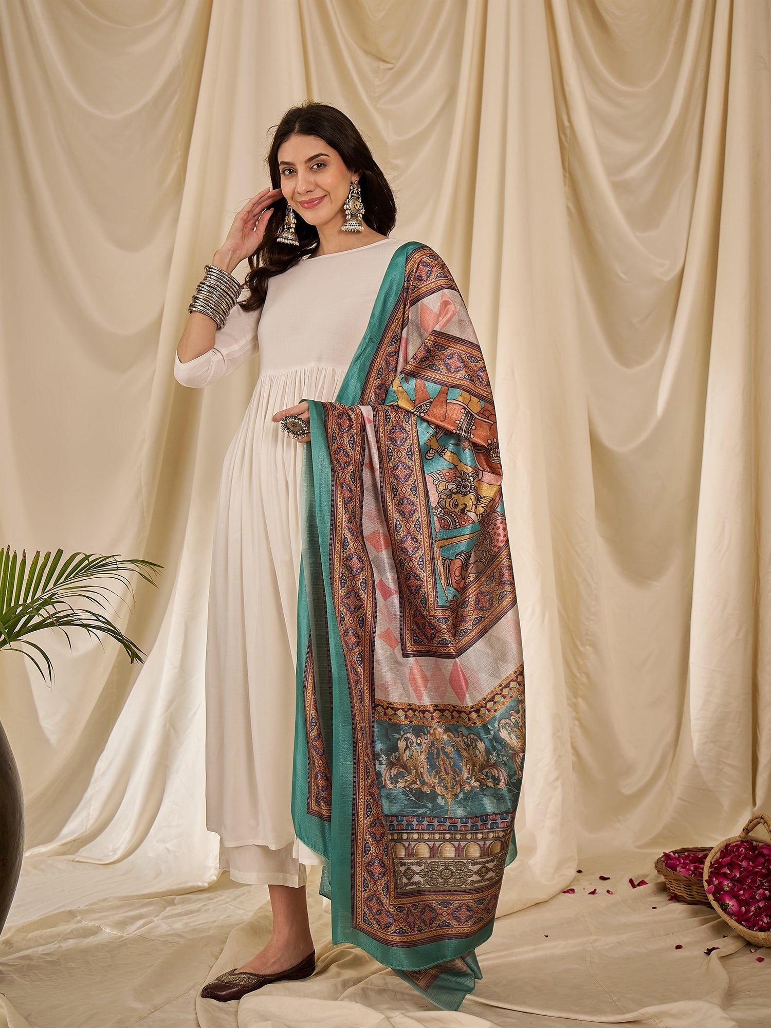 InWeave White Long Anarkali Rama Green Dupatta Set