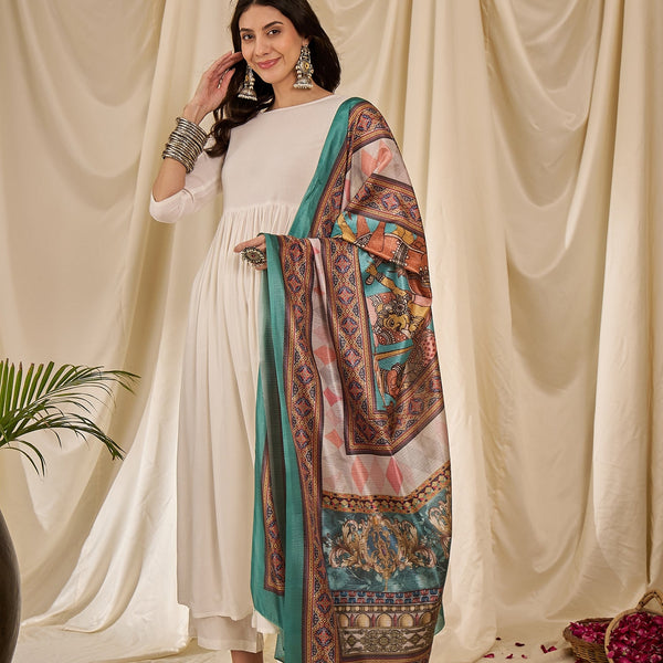 InWeave White Long Anarkali Rama Green Dupatta Set - Distacart