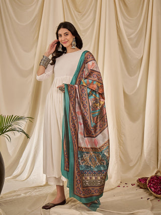 InWeave White Long Anarkali Rama Green Dupatta Set