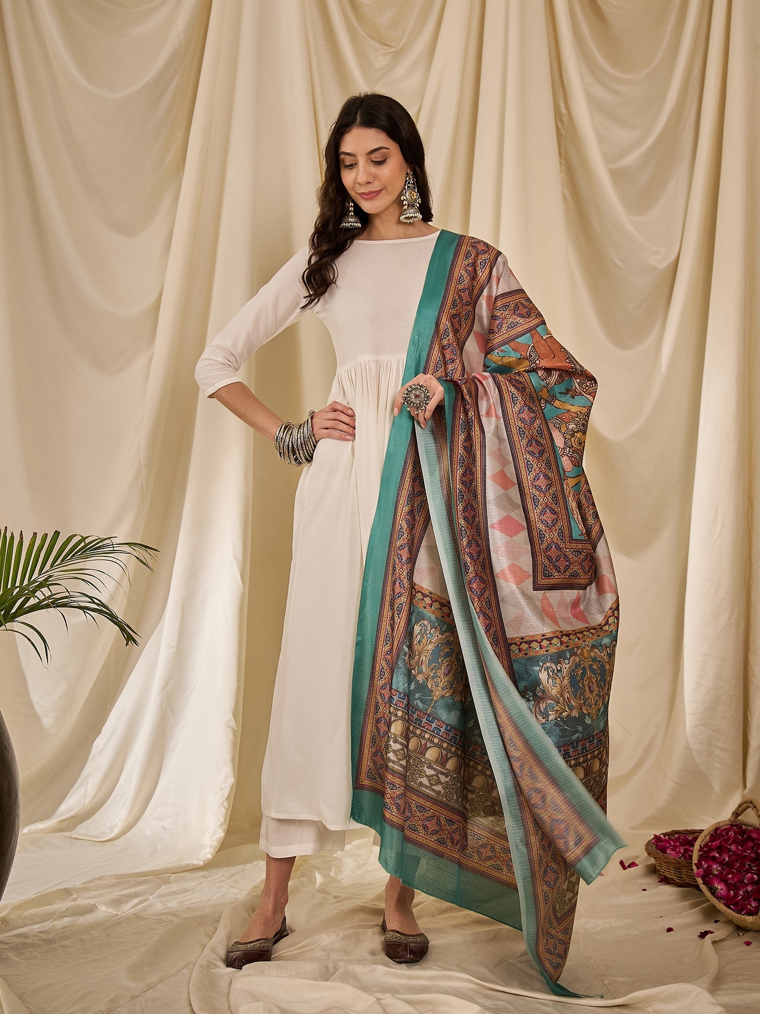 InWeave White Long Anarkali Rama Green Dupatta Set - Distacart