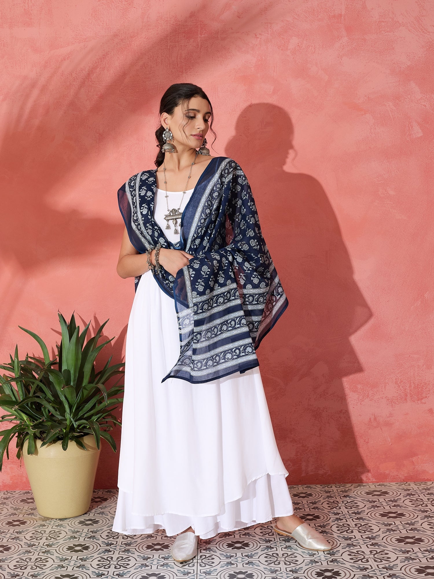 InWeave White Strappy Kurta Palazzo Set With Blue Floral Dupatta