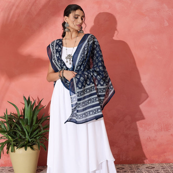 InWeave White Strappy Kurta Palazzo Set With Blue Floral Dupatta - Distacart