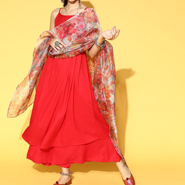 InWeave Strappy Set In Red With Organza Dupatta - Distacart
