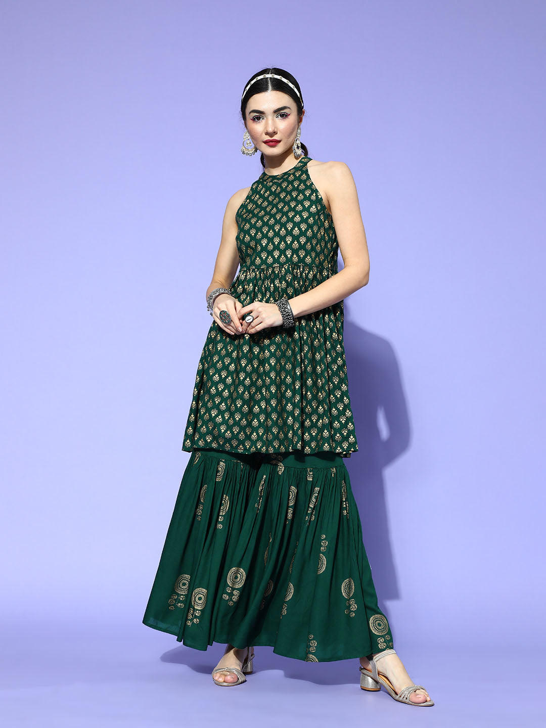 InWeave Green Gold Work Sharara Set - Distacart