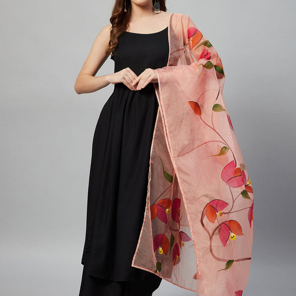 InWeave Black Strappy Set With Peach Hand Print Dupatta - Distacart
