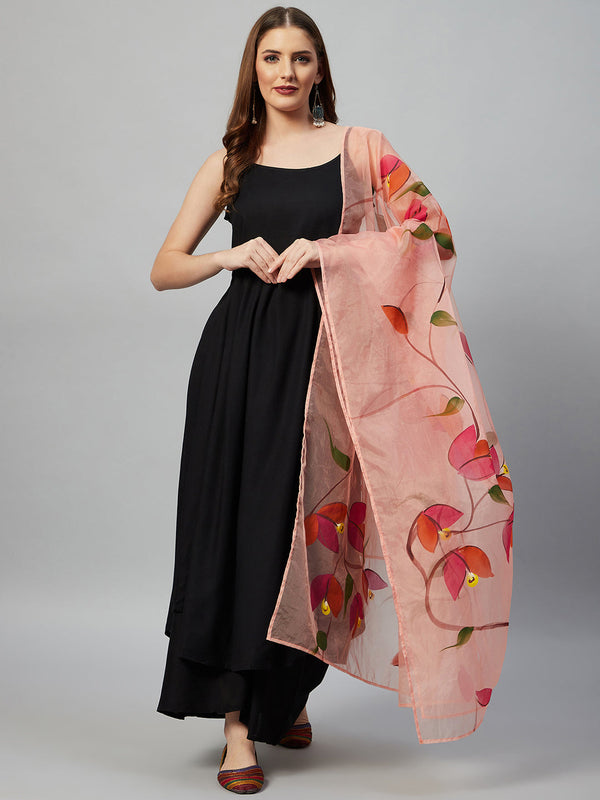 InWeave Black Strappy Set With Peach Hand Print Dupatta