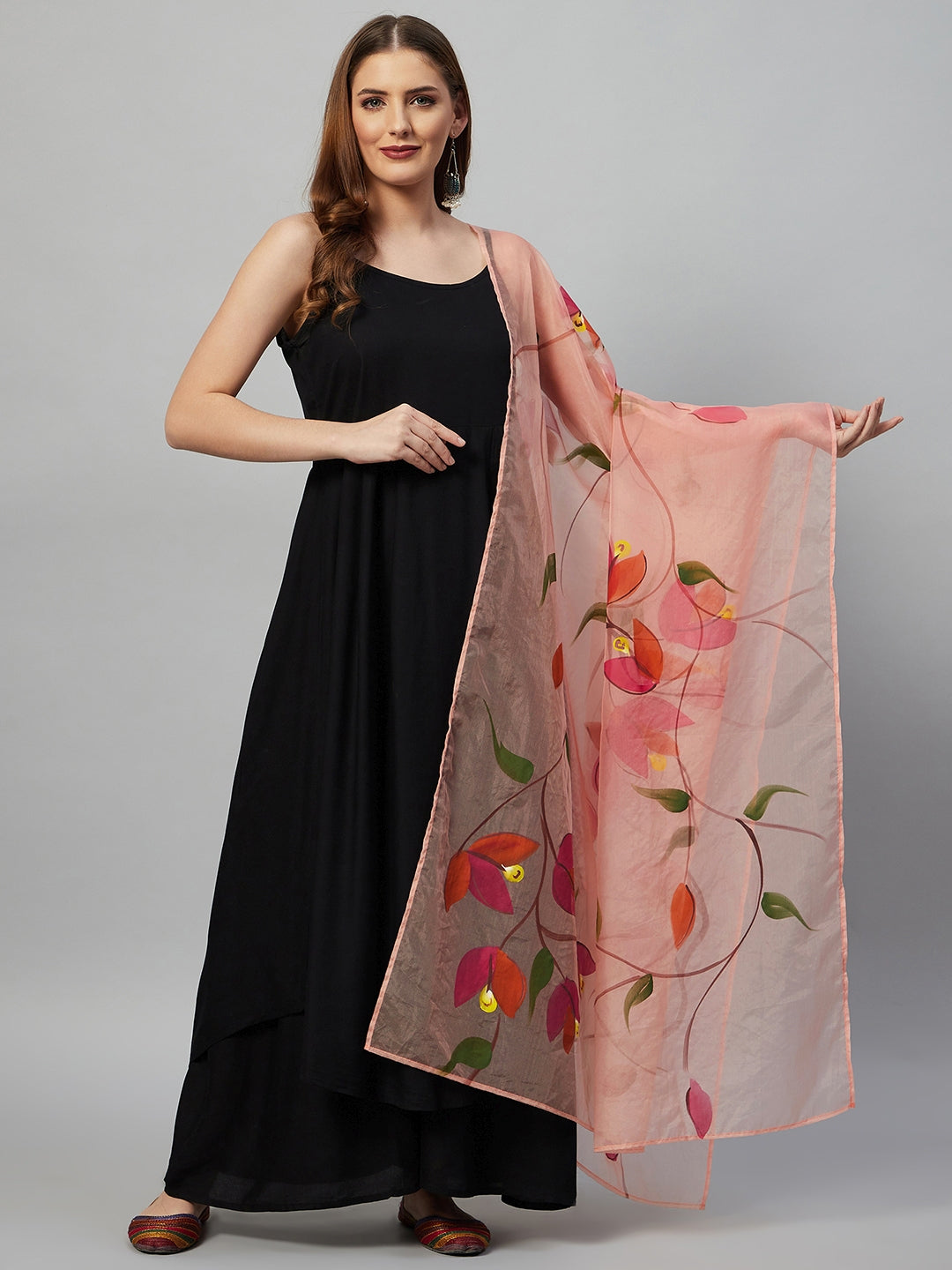 InWeave Black Strappy Set With Peach Hand Print Dupatta - Distacart