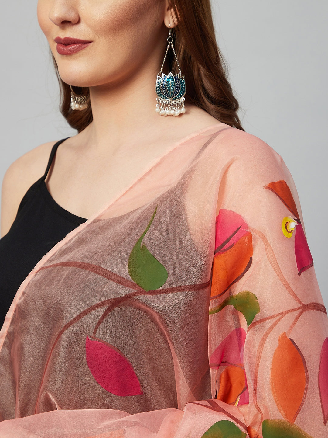 InWeave Black Strappy Set With Peach Hand Print Dupatta