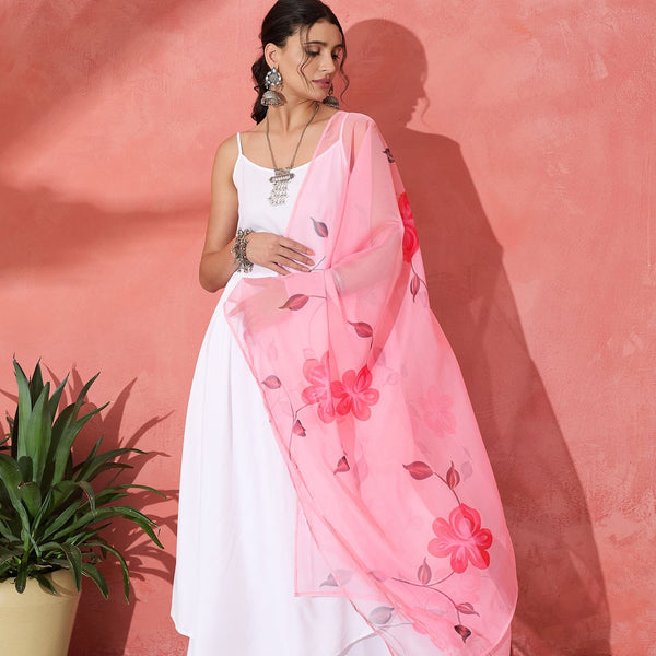 InWeave White Strappy Kurta Set With Pink Hand Print Dupatta - Distacart
