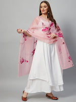 Thumbnail for InWeave White Strappy Kurta Set - Pink Hand Print Dupatta