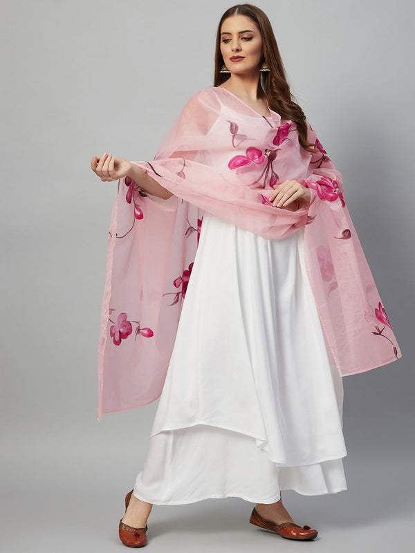InWeave White Strappy Kurta Set - Pink Hand Print Dupatta
