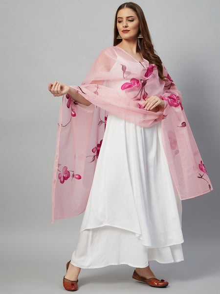 InWeave White Strappy Kurta Set - Pink Hand Print Dupatta