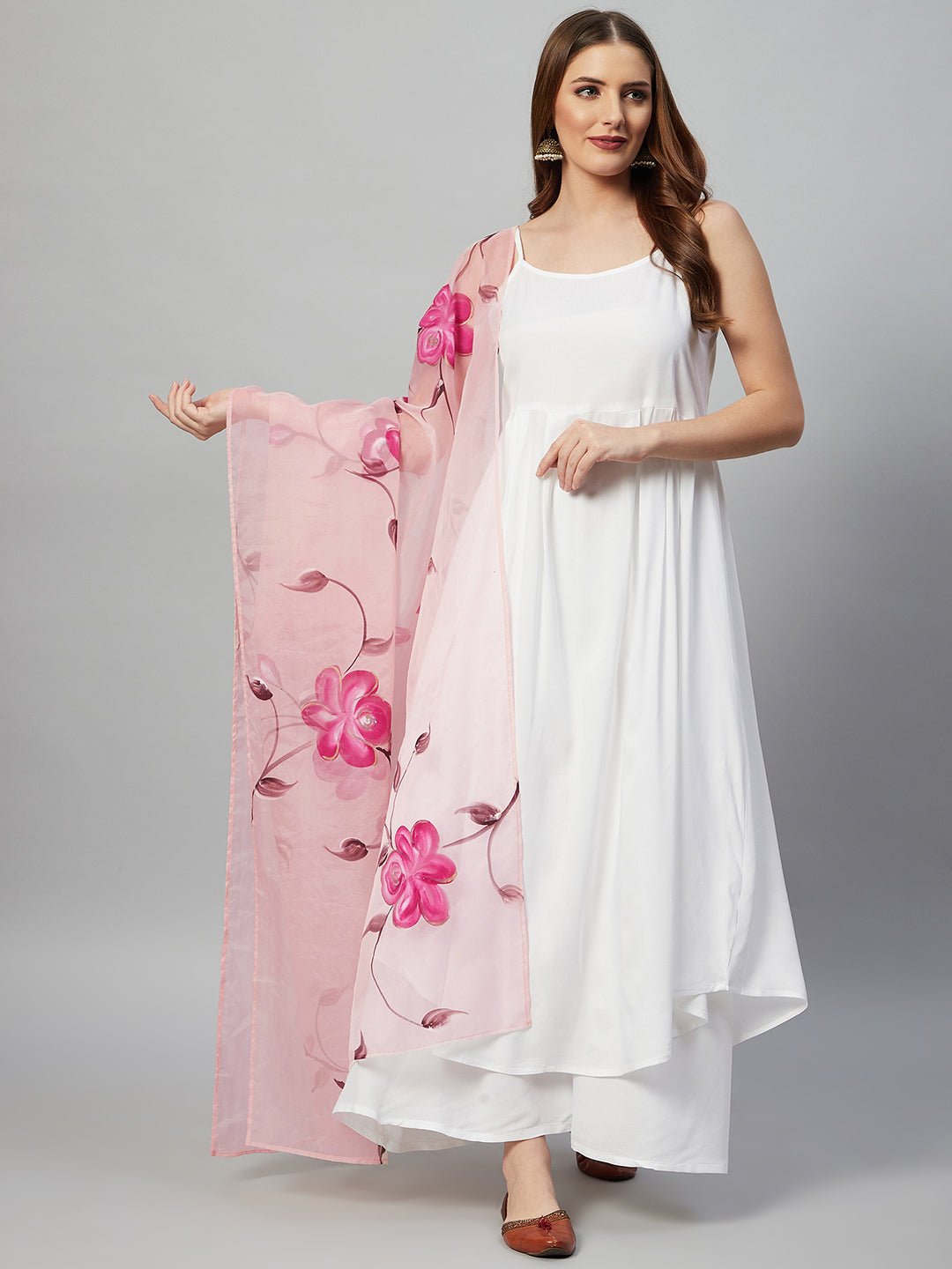 InWeave White Strappy Kurta Set - Pink Hand Print Dupatta - Distacart