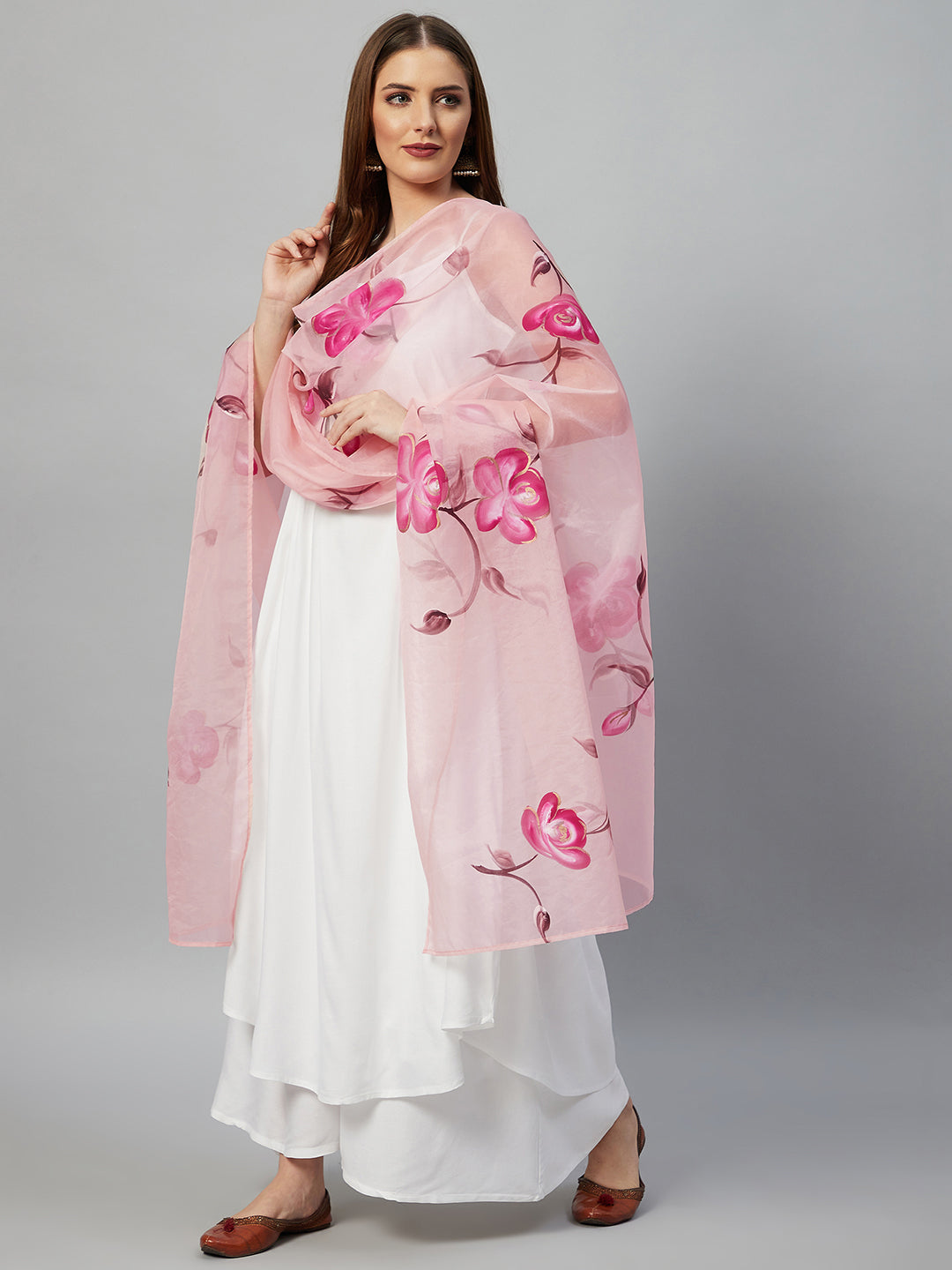 InWeave White Strappy Kurta Set - Pink Hand Print Dupatta