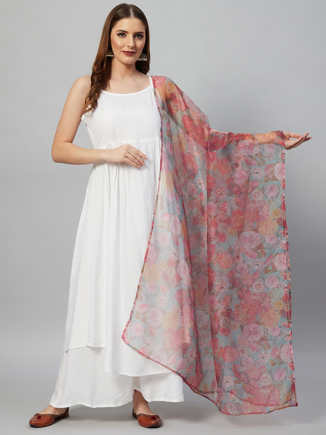 InWeave White Strappy Set - Green Organza Dupatta