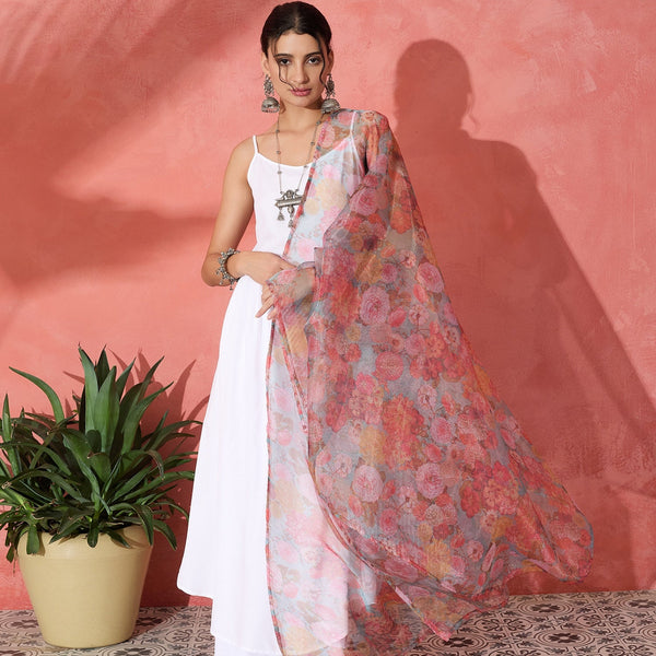 InWeave White Strappy Set With Green Organza Dupatta - Distacart