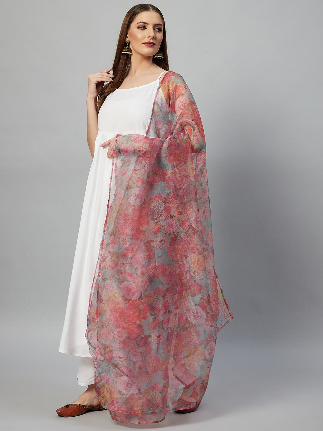 InWeave White Strappy Set - Green Organza Dupatta