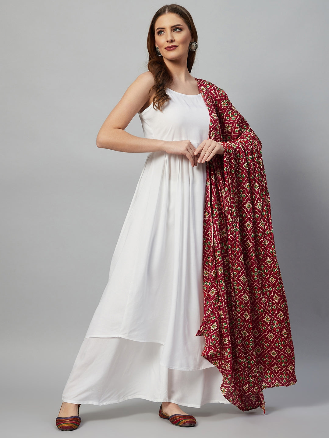 InWeave White Strappy Set - Maroon Fosilk Dupatta - Distacart