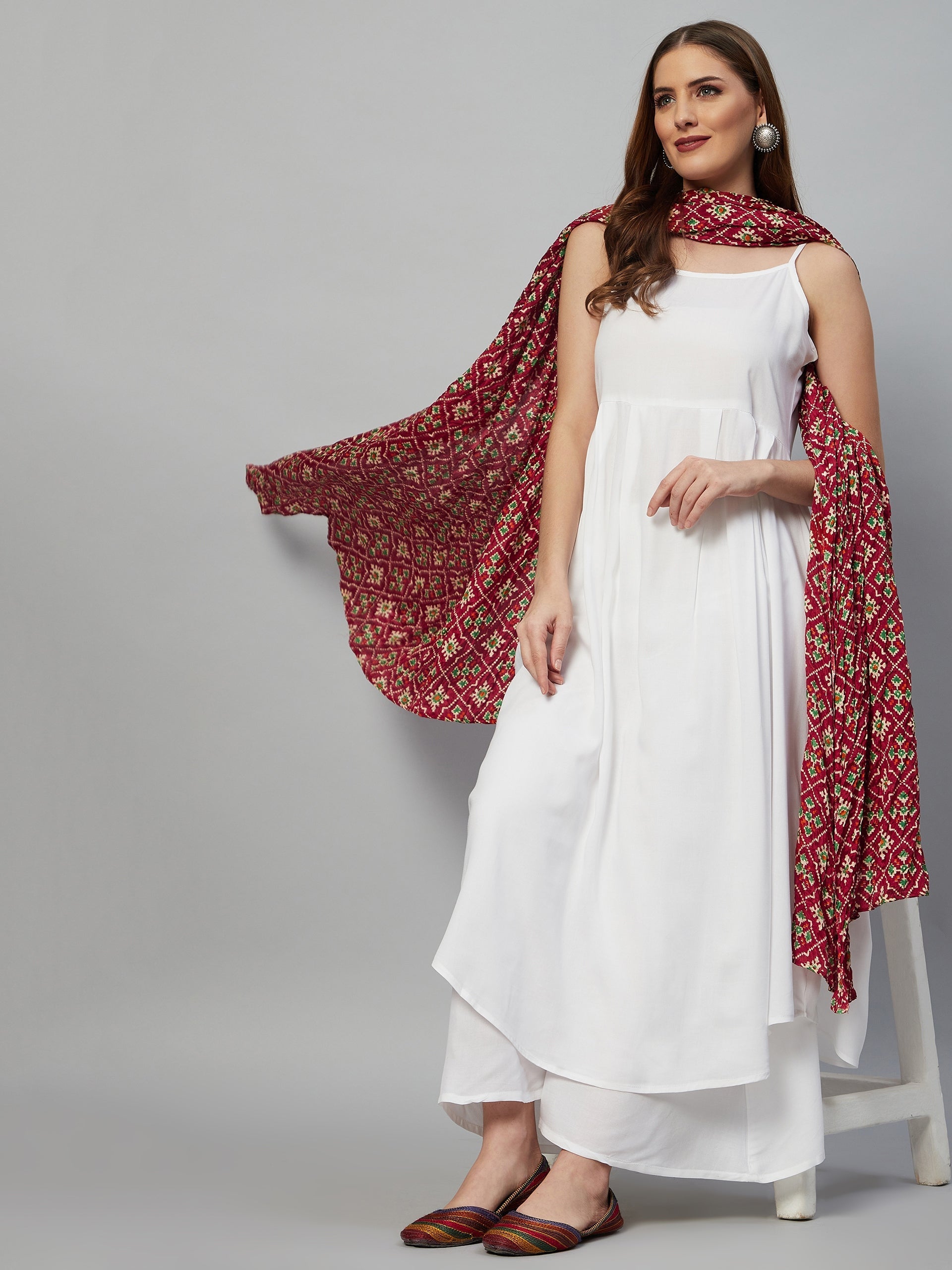 InWeave White Strappy Set - Maroon Fosilk Dupatta