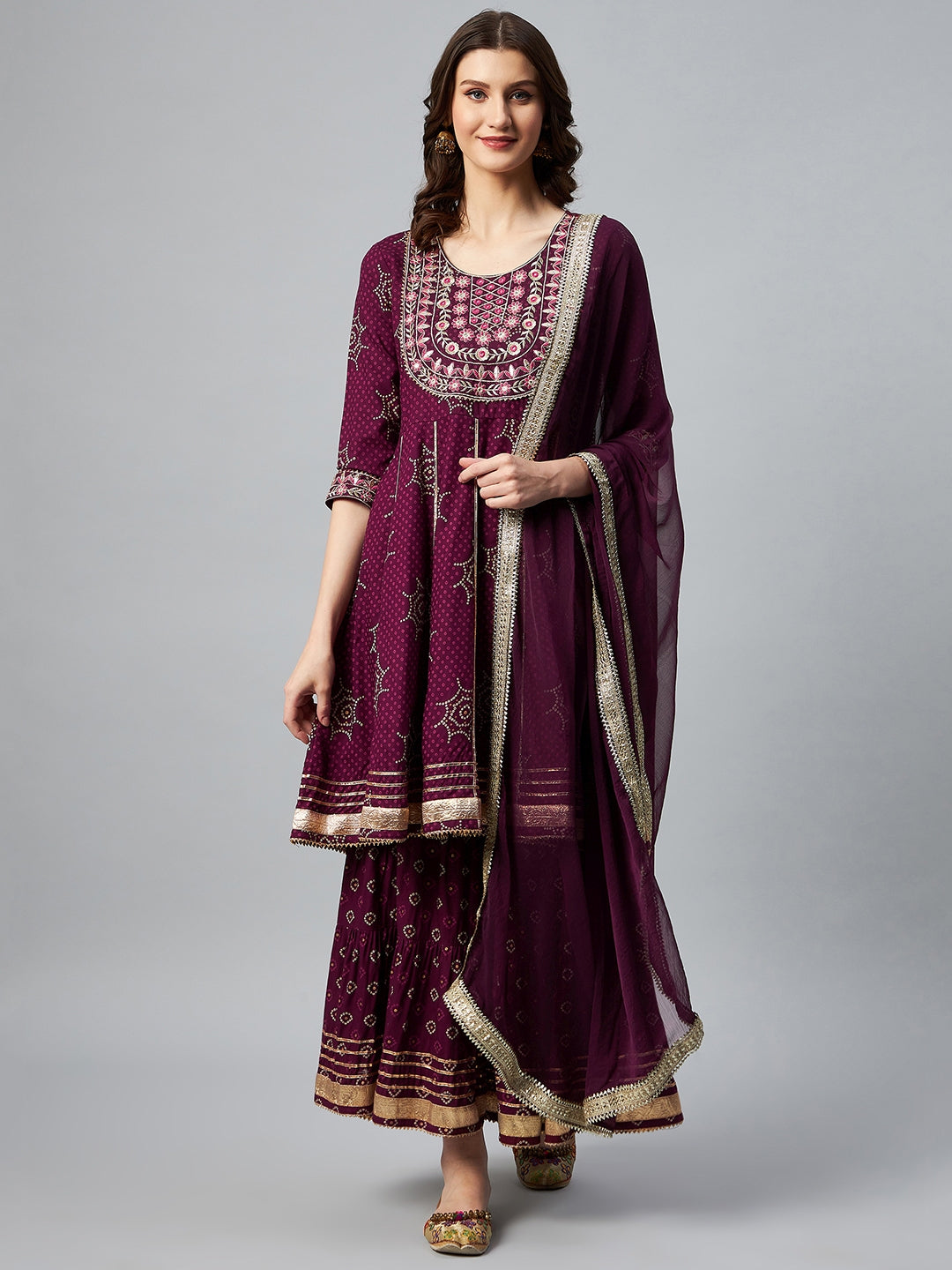 InWeave Wine Gota Mirror Sharara Set - Distacart