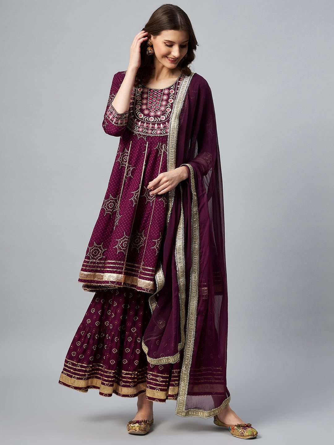 InWeave Wine Gota Mirror Sharara Set - Distacart