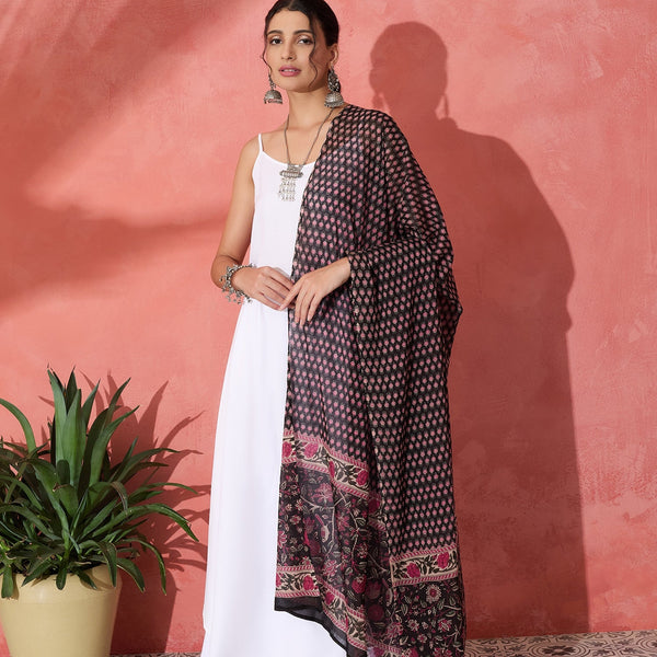 InWeave White Strappy Set With Black Pink Ethnic Print Cotton Dupatta - Distacart