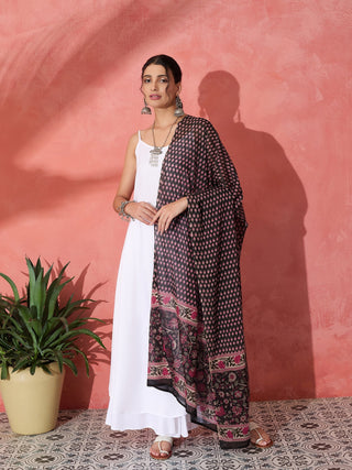 InWeave White Strappy Set With Black Pink Ethnic Print Cotton Dupatta - Distacart