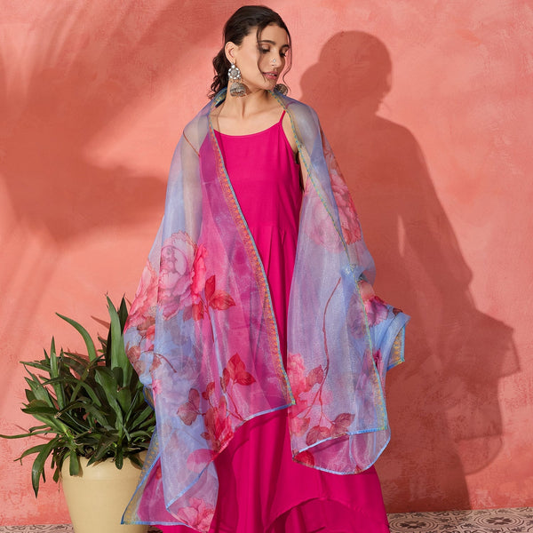 InWeave Fuchsia Strappy Set With Blue Fuchsia Organza Dupatta - Distacart