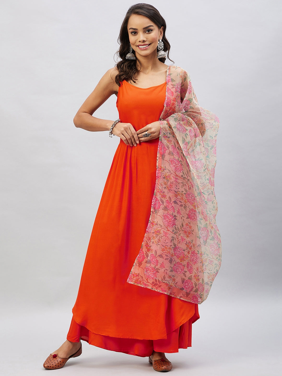 InWeave Orange Strappy Set With Light Olive Organza Dupatta - Distacart