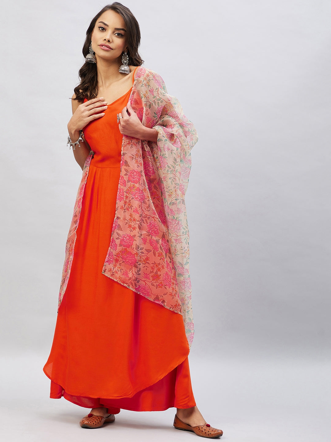 InWeave Orange Strappy Set With Light Olive Organza Dupatta - Distacart