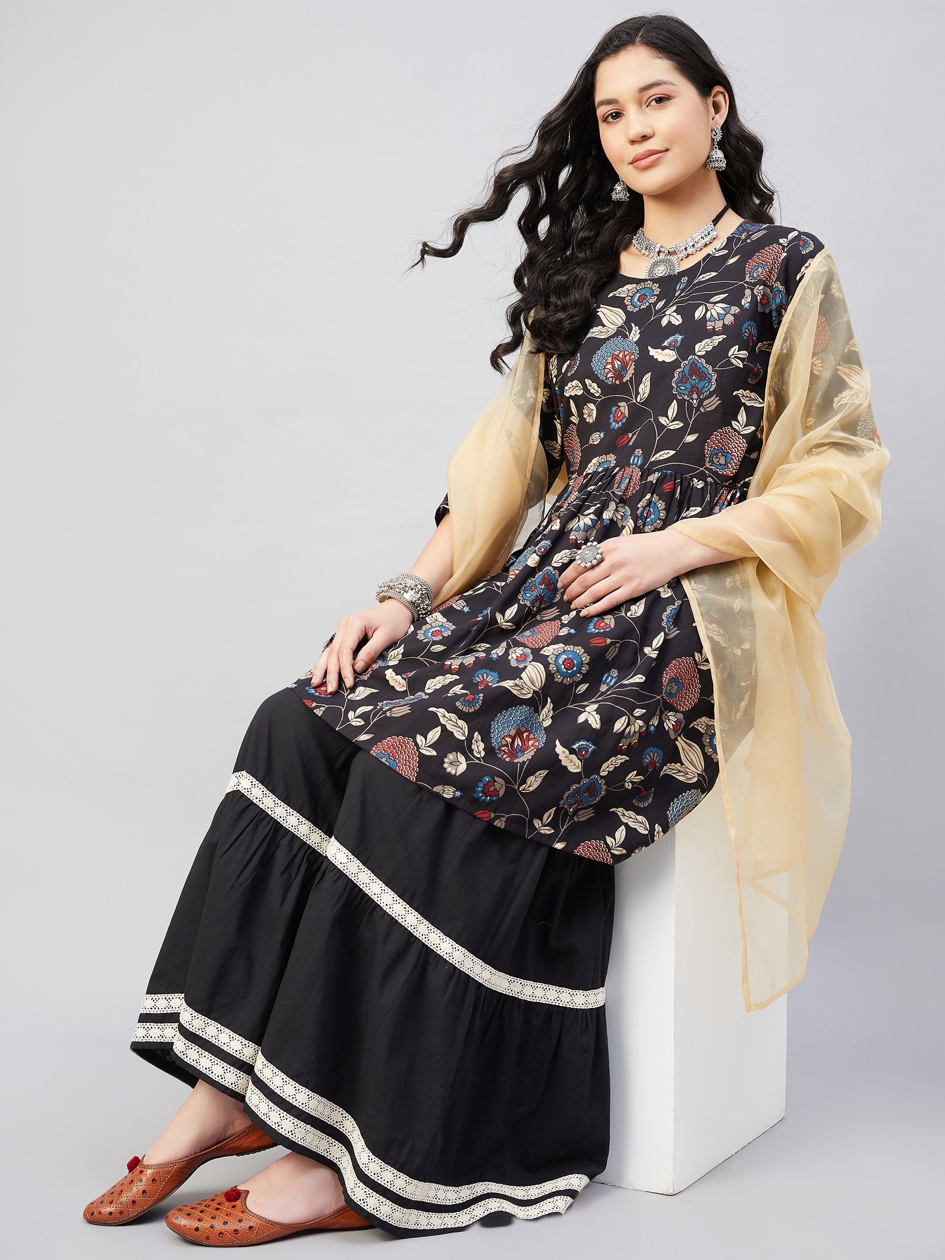 InWeave Black Tropical Sharara Set Gold Or Dupatta - Distacart