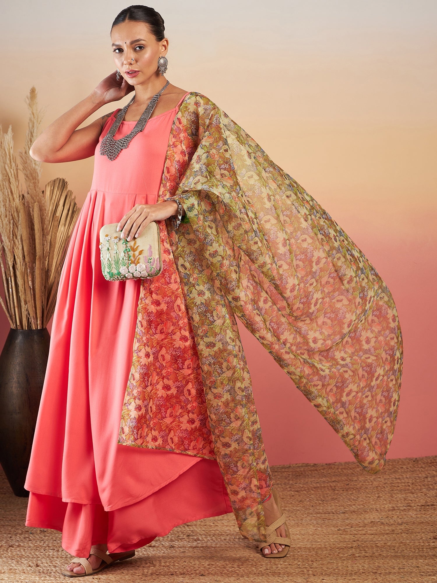 InWeave Dark Peach Strappy W Olive Liberty Print Organza Dupatta Set