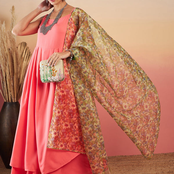 InWeave Dark Peach Strappy W Olive Liberty Print Organza Dupatta Set - Distacart