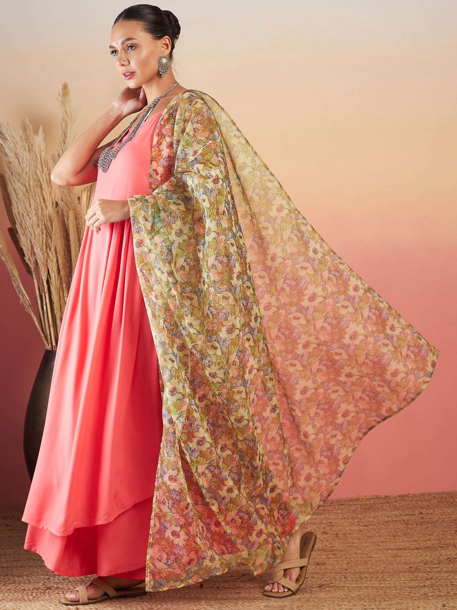 InWeave Dark Peach Strappy W Olive Liberty Print Organza Dupatta Set - Distacart