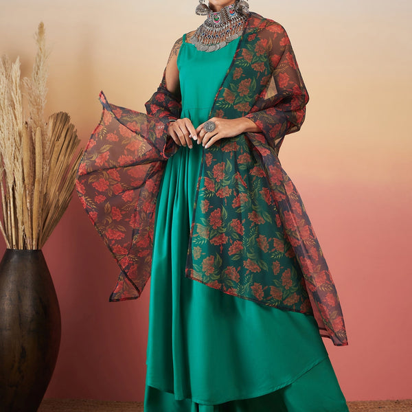 InWeave Emerald Green Strappy W Black Orange Floral Print Or Dupatta Set - Distacart