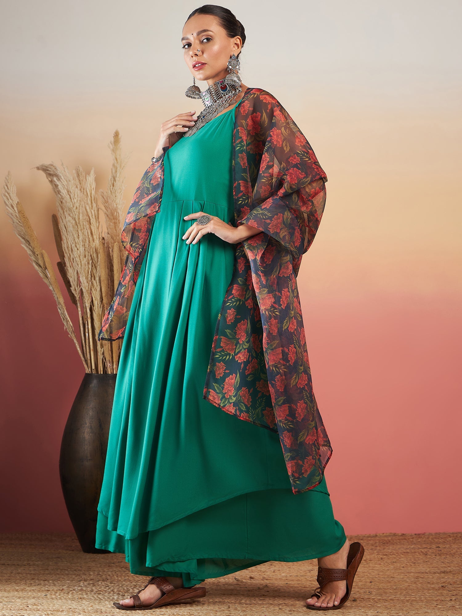 InWeave Emerald Green Strappy W Black Orange Floral Print Or Dupatta Set - Distacart