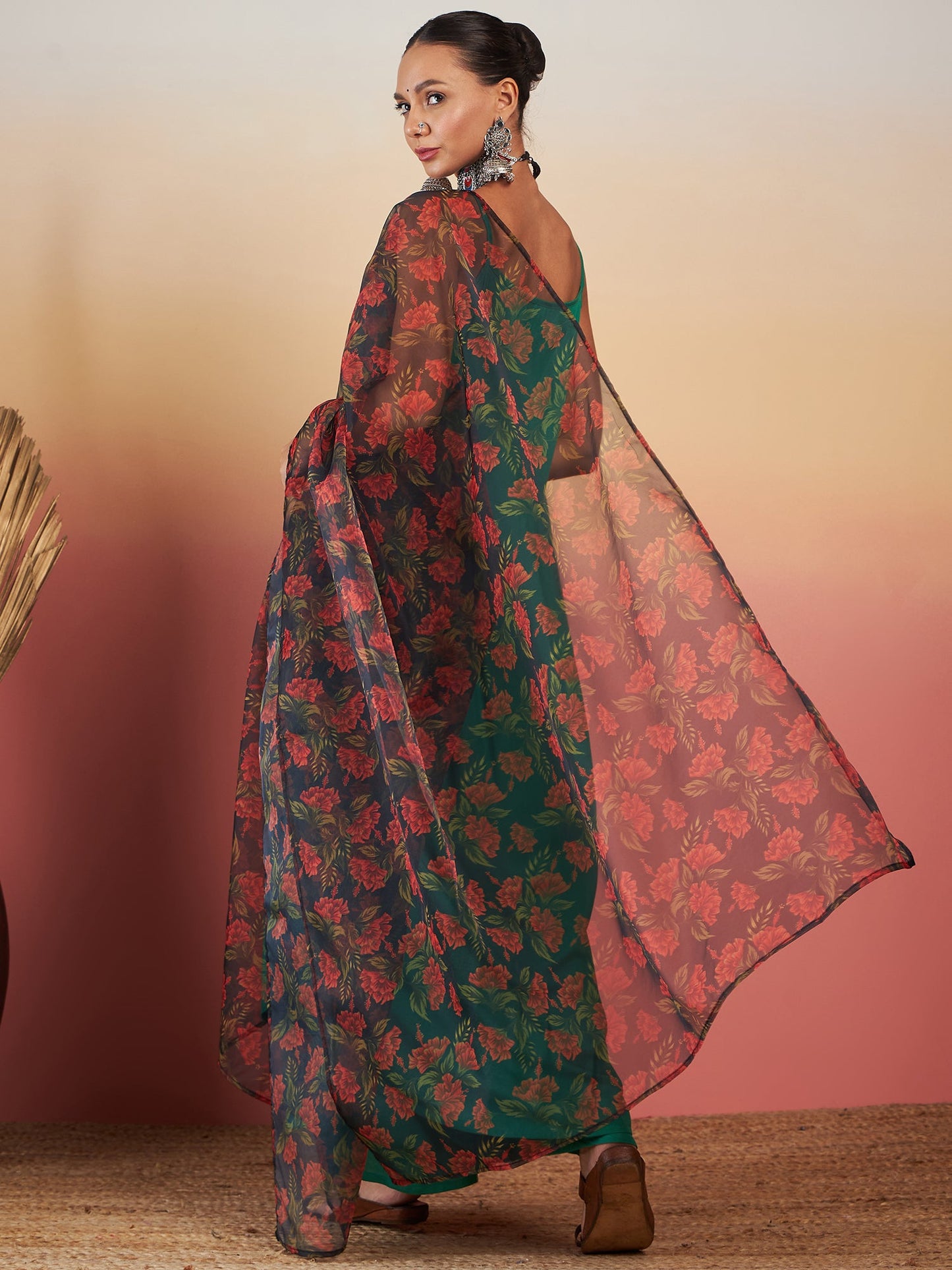 InWeave Emerald Green Strappy W Black Orange Floral Print Or Dupatta Set - Distacart