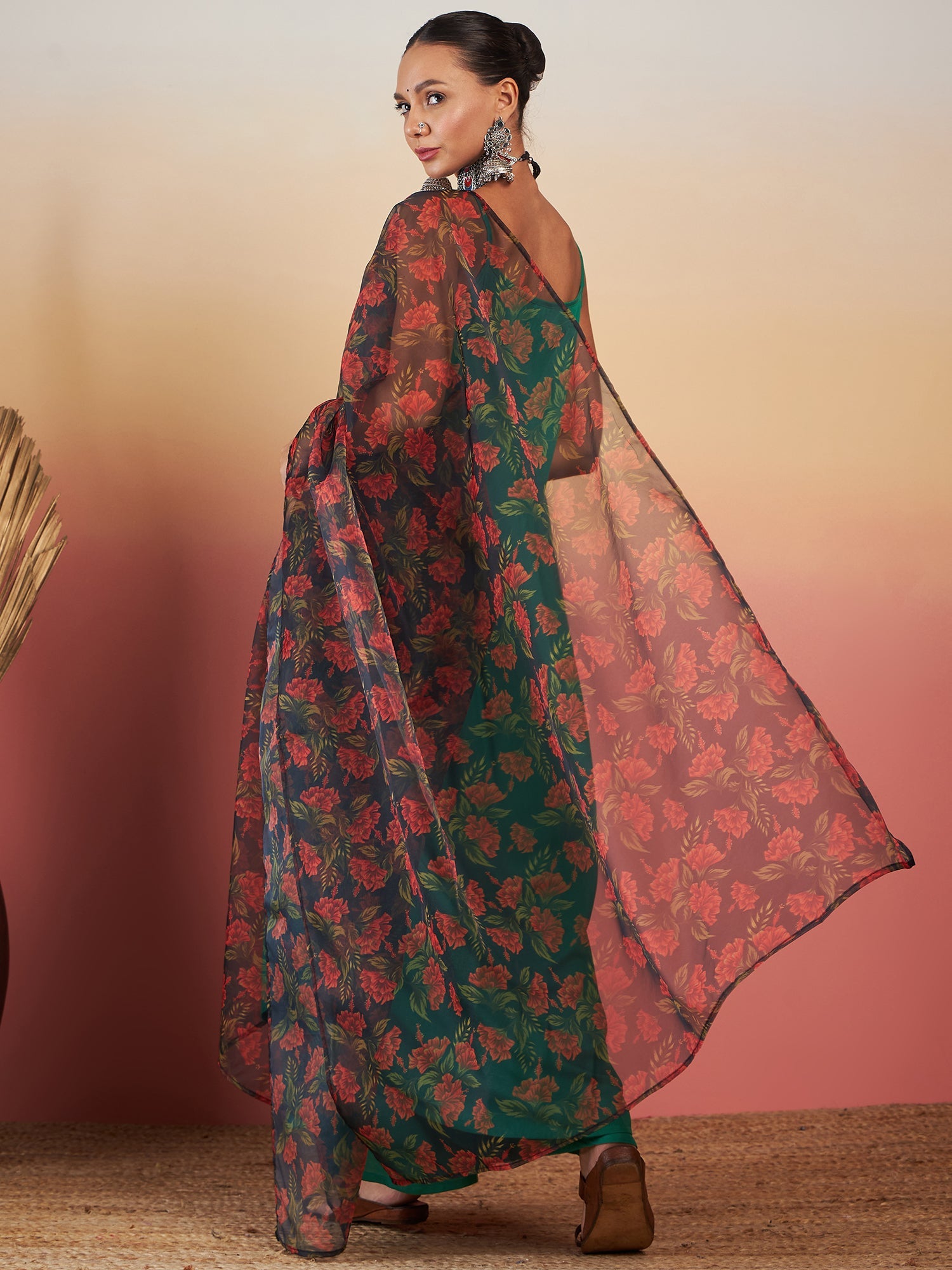 InWeave Emerald Green Strappy W Black Orange Floral Print Or Dupatta Set - Distacart
