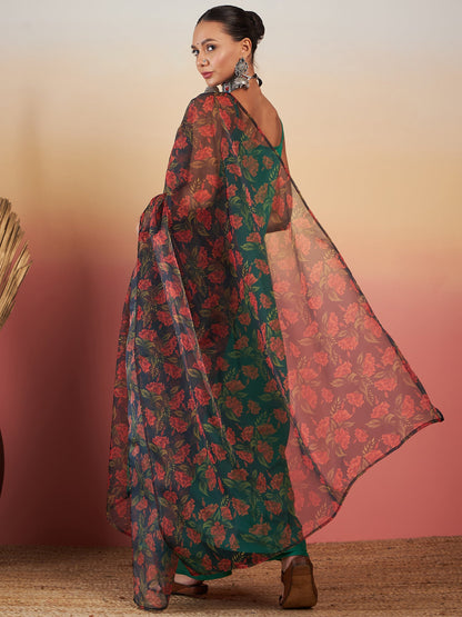 InWeave Emerald Green Strappy W Black Orange Floral Print Or Dupatta Set - Distacart