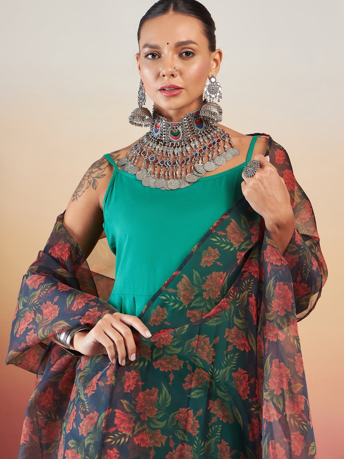 InWeave Emerald Green Strappy W Black Orange Floral Print Or Dupatta Set - Distacart