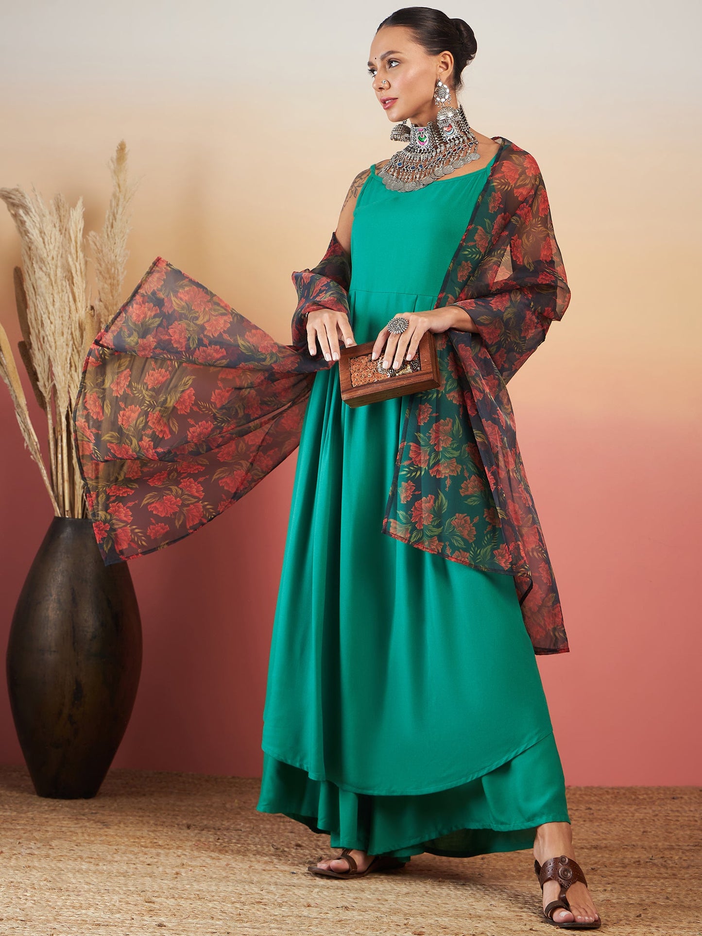 InWeave Emerald Green Strappy W Black Orange Floral Print Or Dupatta Set - Distacart