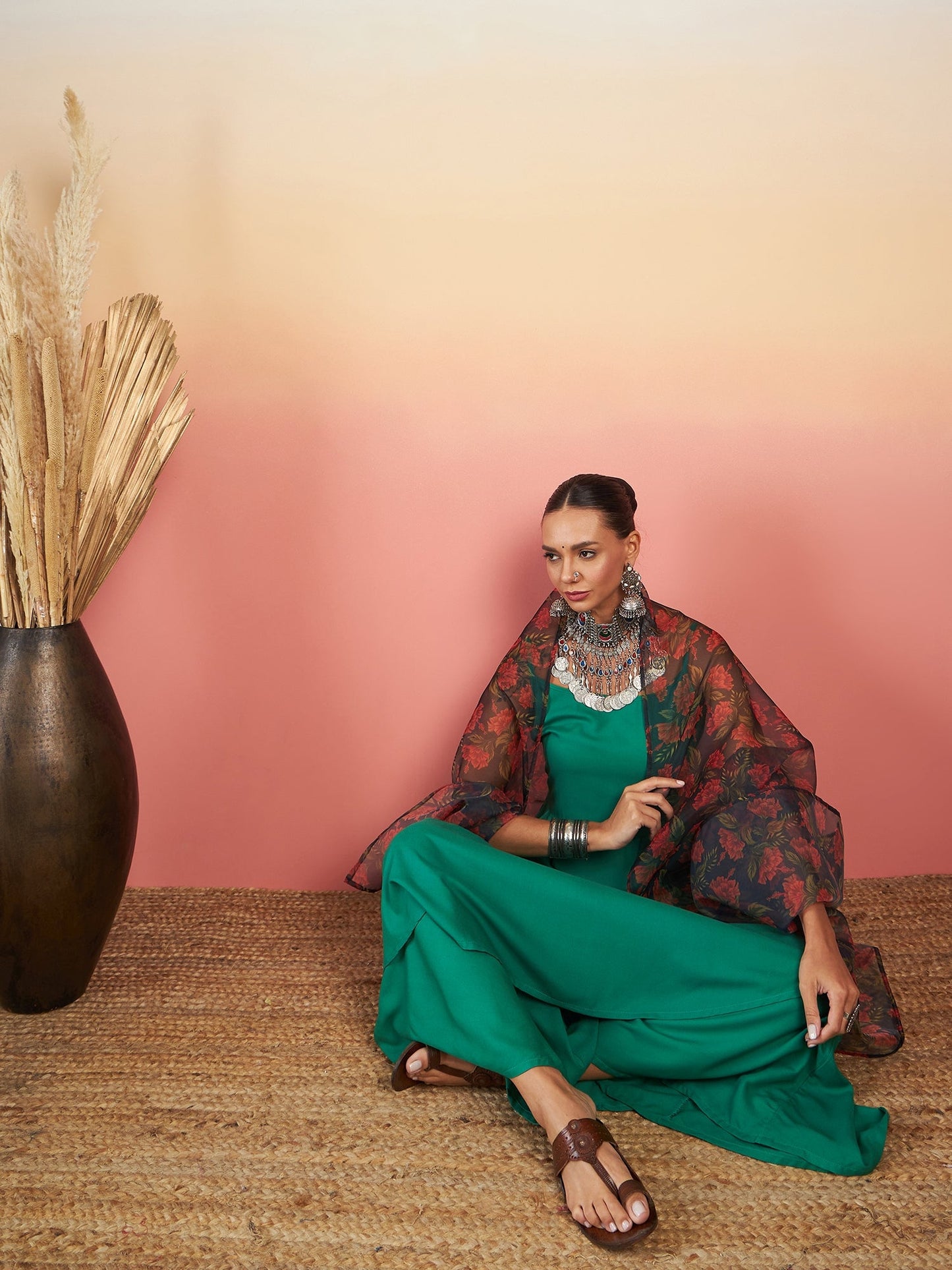 InWeave Emerald Green Strappy W Black Orange Floral Print Or Dupatta Set - Distacart
