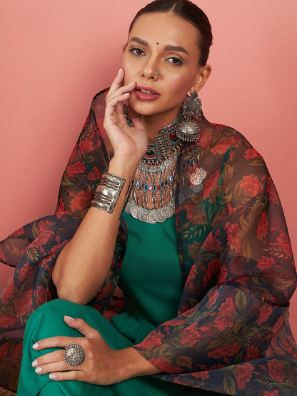 InWeave Emerald Green Strappy W Black Orange Floral Print Or Dupatta Set - Distacart