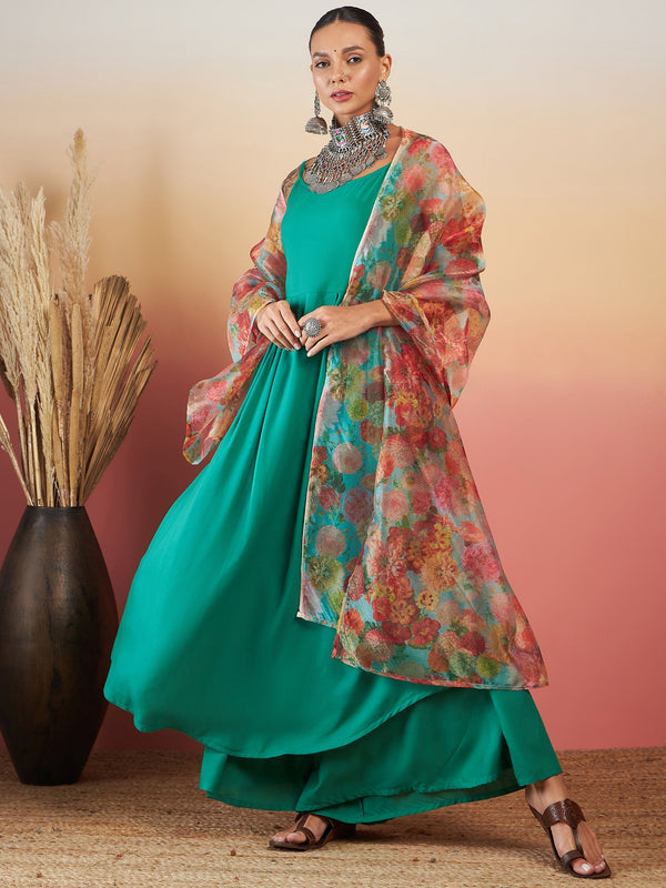 InWeave Emerald Green Strappy W Green Organza Dupatta Set