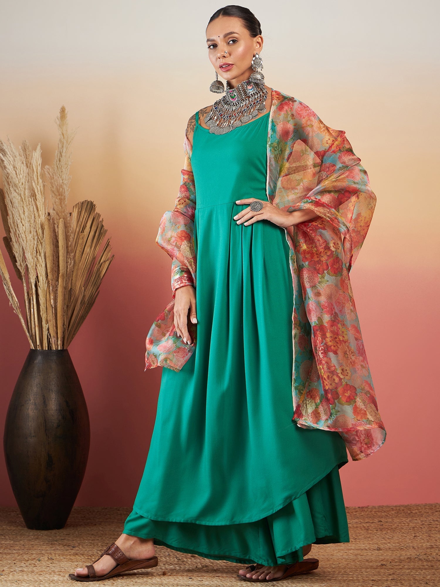 InWeave Emerald Green Strappy W Green Organza Dupatta Set - Distacart