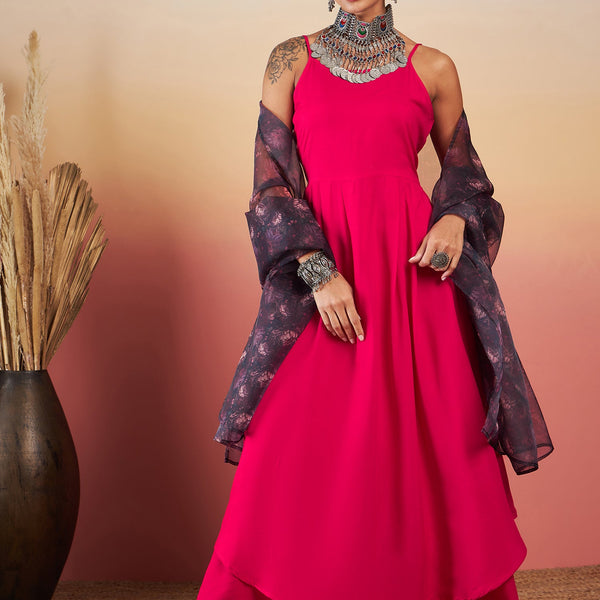 InWeave Fuchsia Strappy W Black Dark Floral Print Or Dupatta Set - Distacart